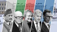 Kollaasi, jossa Suomen presidenttejä. Vasemmassa laidassa Mannerheim ja Kekkonen. Keskellä Halonen. Oikeassa laidassa Niinistö ja Stubb. Presidenttien takana näkyy puoluevärit, jotka värjäävät presidentinlinnan