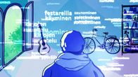 piirroskuvitus, jossa hahmo katsoo huoneeseen, jossa lentelee erilaisia sanoja. Huoneen vasemmassa nurkassa on ikkuna, lisäksi huoneessa näkyy pyörä, kitara ja kirjahylly.