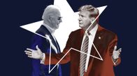 Vahvasti käsitelty kuvakollaasi Joe Bidenistä ja Donald Trumpista. 