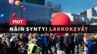 Ohjelman julistekuva – MOT: Näin syntyi lakkokevät. Kuvassa punainen ilmapallo sinistä taivasta vasten.