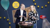 Kuvituskuva, jossa toimittaja Ari Hakahuhta ja Päivi Lakka laskevat sormillaan. Kuvan etualalla on grilli, jossa paistuu lihaa, ja taustalla 50 euron seteli ja EU-lipun tähtiä. Kuvan yläkulmassa on logo, jossa lukee "Totta vai tarua?"