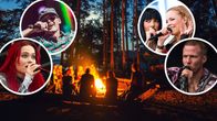 Ihmisiä nuotiolla kesäillassa. Kuvan päällä neljä pientä kuvaa, joissa artistit Sanni, Gettomasa, PMMP ja Olavi Uusivirta.