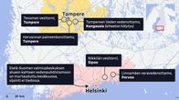 Karttaan merkitty Pirkanmaa ja Uusimaa, joihin ympyröity kohdat, joissa on murtauduttu vesitorneihin. Kangasalan hälytys on ollut aiheeton.