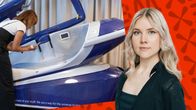 Sabina framför bild av eutanasikapsel Sarco.