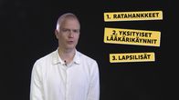 Toimittaja Mikko Asunta ja tekstit: 1. Ratahankkeet, 2. Yksityiset lääkärikäynnit ja 3. Lapsilisät. 
