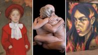 Kuvakooste museoiden näyttelystä. Tyttö, syleilevä pari ja liekehtivä naisen muotokuva.
