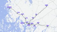 Selvitettävät lähijunareitit kartalla. Turku–Salo, Turku–Loimaa, Turku–Uusikaupunki ja Turku–Naantali.