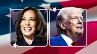 Kuvassa näkyy Kamala Harrisin ja Donald Trumpin kasvot valkoisissa kehyksissä Yhdysvaltain lipun päällä.