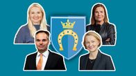 Kuvassa Espoon vaakunan ympärillä neljä Espoon uudeksi kaupunginjohtajaksi hakenutta.