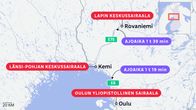 Kolme sairaalaa kartalla.
