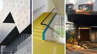 Three photos, from the left: Finlandia Hall, the staircase of the Paimio sanatorium and Villa Mairea.