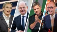 Kuvakollaasissa Alice Weidel, Olaf Scholz, Robert Habeck ja Friedrich Merz.