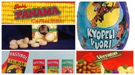 Viisi vanhaa karkkipakkausta.