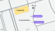 Kartta esittää kauppahallin ja toriparkin sijainnin kartalla.