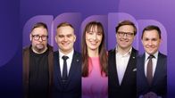 Kuvakollaasi, jossa violetilla pohjalla on viiden suurimman puolueen pormestariehdokkaat Paavo Arhinmäki, Atte Harjanne, Eveliina Heinäluoma, Daniel Sazonov ja Wille Rydman.