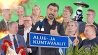 Puolueiden puheenjohtajat Gogi Mavromichaliksen kanssa. Taustalla näkyy erilaisia tehostegrafiikoita.