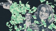 Kollage på Timo Soini och Päivi Räsänen som blir påösta med hundra euros sedlar.