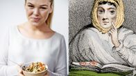 Kuvapari, vasemmalla Belle Gibson pitää salaattikulhoa ja oikealla osa Ann Moorea esittävästä teoksesta, jossa hän katsoo taiteilijaa mietteliäänä.