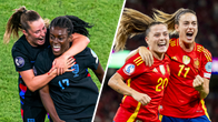 Kuvakollaasi Englannin Ella Toonesta ja Michelle Agyemangista sekä Espanjan Claudia Pina ja Alexia Putellas.