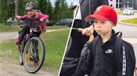 Jeattu kuva jossa vasemmalla pieni tyttö nousemassa pyörän selkään ja oikealla pieni poikka lippis päässä.