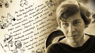 Tove Jansson ja käsin kirjoitettu kirje jossa on piirrettynä muumihahmoja.