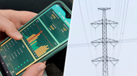 Dual image showing someone holding a phone showing graphs and an electric high-tension wire.