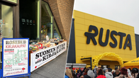 Ett kollage bestående av två bilder, den ena på ingången till bokhandeln Rosebud, den andra på varuhuset Rusta.