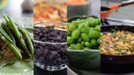 Kuvassa on erilaista kasvipohjaista ateriaa: paistetut vihreät pavut, mustapavut ja edamame-pavut.
