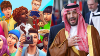 Kaksi kuvaa sisältävä kollaasi: lehdistökuva The Sims -tietokonepelistä ja kuva nauravasta Saudi-Arabian kruununprinssistä Mohammed bin Salmanista.