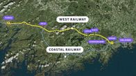 A satellite image showing the West and Coastal railway lines in southwest Finland.