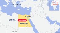 Kartta esittää Egyptin ja sen naapurimaat. Kartassa on merkitty Egyptin pääkaupunki Kairo sekä lomakohde Hurghada, joka sijaitsee Punaisenmeren rannalla. 