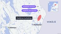 Kartta, johon merkitty Ilomantsi, kaivokset ja ns. eteläinen kultalinja.