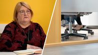 Kahden kuvan kombo, jossa oikealla punamustaan paitaan pukeutunut nainen istuu pöydän ääressä, vasemmalla ulkoa päin kuvatusta toimistohuoneesta pilkistää jalat.