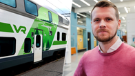 Kahtia jaettu kuva, jossa vasemmalla puolella näkyy VR:n junavaunu ja oikealla puolella lähikuva miehestä.