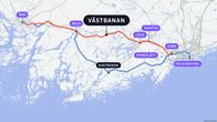 En karta över var västbanan ska gå. Alltså en snabb tågförbindelse som ritats mellan Åbo och Helsingfors. 