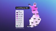 Lumitilanne Suomessa 18.1.: Kartta näyttää lumensyvyyden eri alueilla. Pohjoisessa lunta yli 65 cm, etelässä 1-10 cm. Lähde: Ilmatieteen laitos.