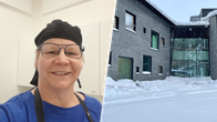 Vasemmalla Arja Pänkäläinen hymyilee ja katsoo kameraan kotitalousluokassa. Kuvan oikealla puolella Ruukinkankaan koulu.