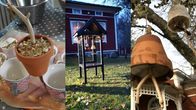 Bildkollage av tre fotografier. I bilden finns hemlagad fågelmat i olika muggar samt ett litet hus för fågelmat med tak och galler som ger skydd.