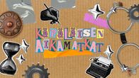 Käpäläisen aikamatkat -tekstin ympärillä on erilaisia leikekirjamaisia kuvia.