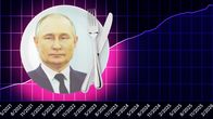 Kuvassa taustalla kuluttajahintojen nousu-graafi ja Putin syvättynä lautaseen jossa haarukka ja veitsi.