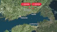 Kartta näyttää kaksi merkintää "1. drooni" ja "2. drooni" Kouvolan pohjois- ja itäpuolella.