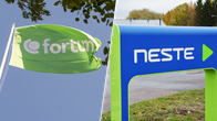 Two separate photos. A picture of a green flag with the Fortum logo next to a picture of a green and blue sign that reads "Neste".