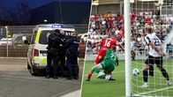 Collage på en person som grips under en fotbollsmatch och illustrerande bild på fotbollsmatch mellan VPS och Jaro.