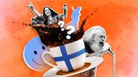 Kuvituskuva, jossa suomalainen kahvikuppi ja kulttuurisia symboleja kuvaavat Suomeen liittyviä ilmiöitä ja pohdintaa.