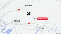 Karttagrafiikka näyttää onnettomuuspaikan sijainnin Vaskiontiellä Salon ja Marttilan välillä.