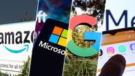 Fyra uppdelade bilder visar logotyperna för Amazon, Microsoft, Google och Meta.