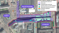 Satelliittikuva helsingin rautatieaseman läheisyydestä johon merkattu kaavoitussuunnitelmaa.