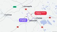 Kartta näyttää, missä kohden 2-tie suljetaan ilmavoimien harjoituksen ajaksi Jokioisilla.