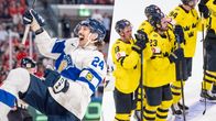 Hannes Björninen firar mål, svenska spelare deppar efter förlust.