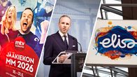 Kuvakombo, jossa on mtv:n mainos 2026 jääkiekon mm-kisoista, ministeri Mika Poutala valtioneuvoston tiedotustilaisuudessa ja teleoperaattori Elisan logo. 